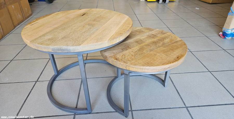 2er Set Couchtisch Mangoholz rund Metall Mango Satztische Sofatisch Natur Grau