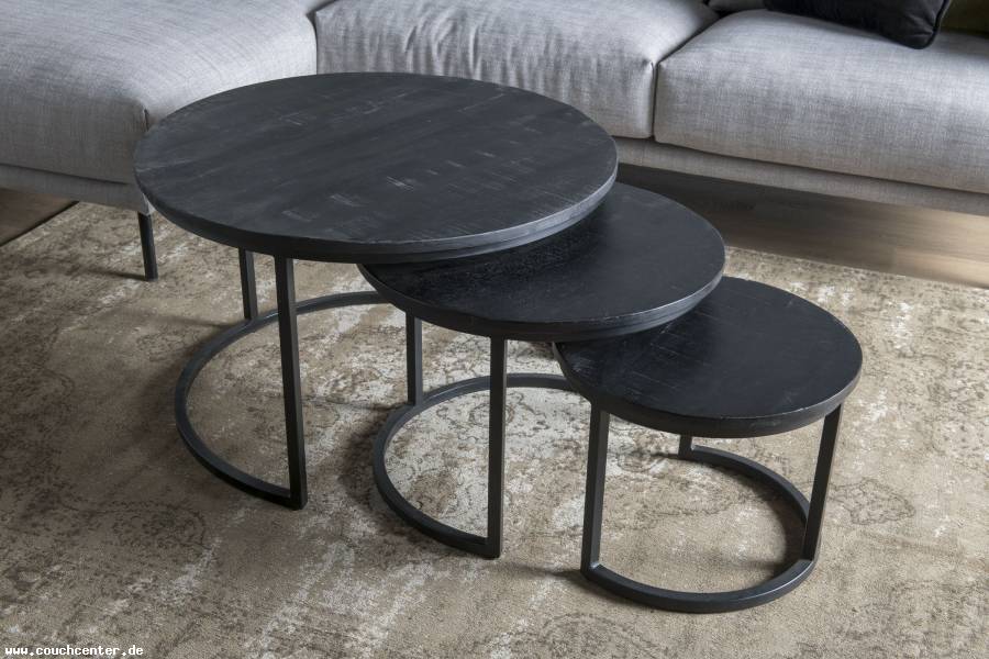 3er Set Couchtische Mangoholz rund Metall Mango Satztische Sofatisch Schwarz
